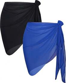 CHICGAL 2 Pieces Women Beach Sarong Bathing Suit Wrap Skirt Sheer Bikini Swimsuit Cover Ups Swimwear - 黑色和純藍色 - 查看 1