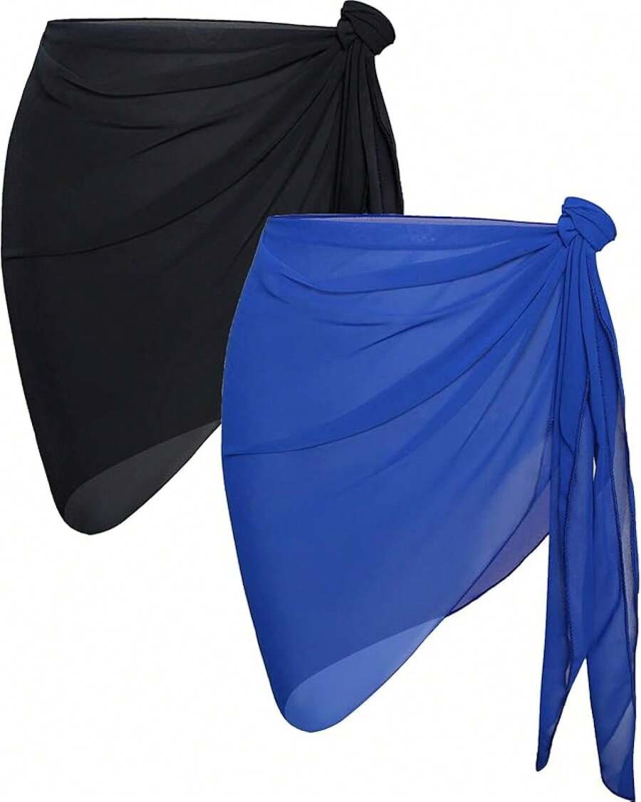 CHICGAL 2 Pieces Women Beach Sarong Bathing Suit Wrap Skirt Sheer Bikini Swimsuit Cover Ups Swimwear - 黑色和純藍色 - 查看 1