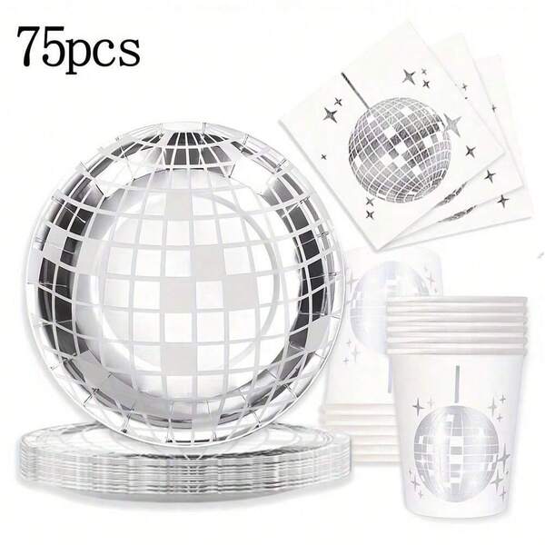 75 قطعة من أدوات المائدة القابلة للتخلص منها لحفلة الديسكو بلون فضي، أطباق ورقية مقاومة للماء قطر 7 بوصة ، كؤوس ورقية، مناديل، مناسبة لحفلات الديسكو، الزفاف، عيد الميلاد، حفلات الحدائق والمناسبات