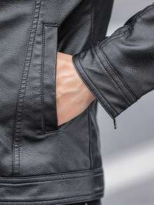 Men Long Sleeve Borg Collar Teddy Thermal Lined PU Leather Jacket, Grunge, Fall/Winter - Black - View 5