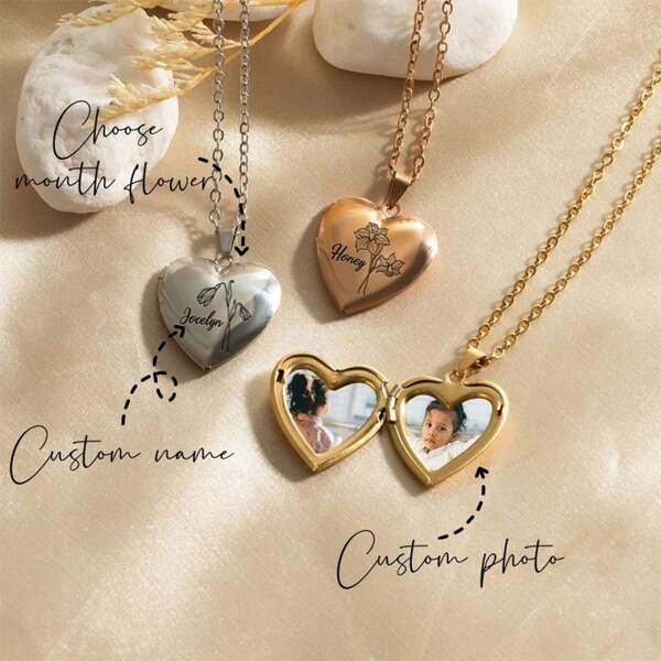 1 Pieza Collar con Foto Personalizado, Collar con Dije Medallón con Foto en Forma de Corazón, Collar con Dije de Flor del Mes de Nacimiento Grabado, Regalo para Mamá, Regalo de Navidad