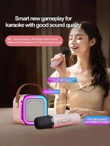 1 件迷你卡拉 OK 机，带 2 个无线麦克风，便携式无线 RGB 灯扬声器套装，家用卡拉 OK 机，便携式手持卡拉 OK 麦克风扬声器，适用于家庭聚会、宿舍、返校必备品、学校活动、课堂互动、学生礼物、音乐课、氛围增强玩具 - 米色 - 查看 4