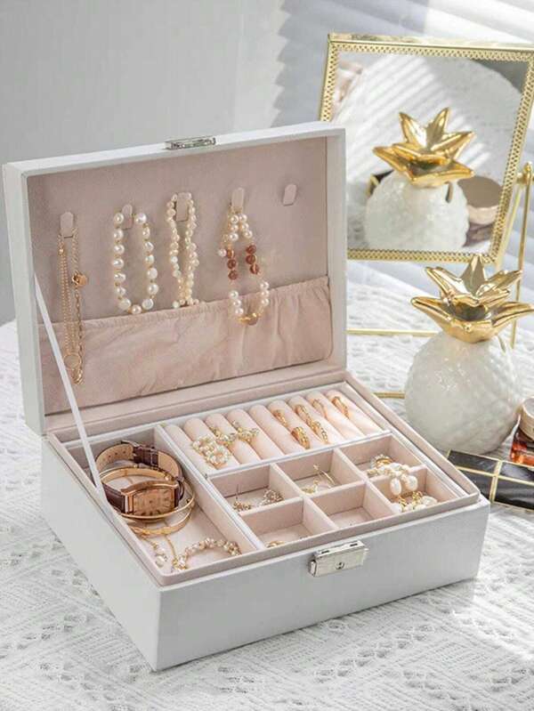 1 pieza Caja de joyería extra grande de doble capa, contenedor de almacenamiento para el baño, organizador para collares, aretes, pulseras, anillos, de estilo francés elegante, caja de joyería de lujo de múltiples capas con candado, caja de joyería para pulseras, aretes y collares anti-oxidación, organizador de joyería de múltiples compartimentos, estuche para transportar joyería, organizador de almacenamiento de artículos de viaje, regalo esencial