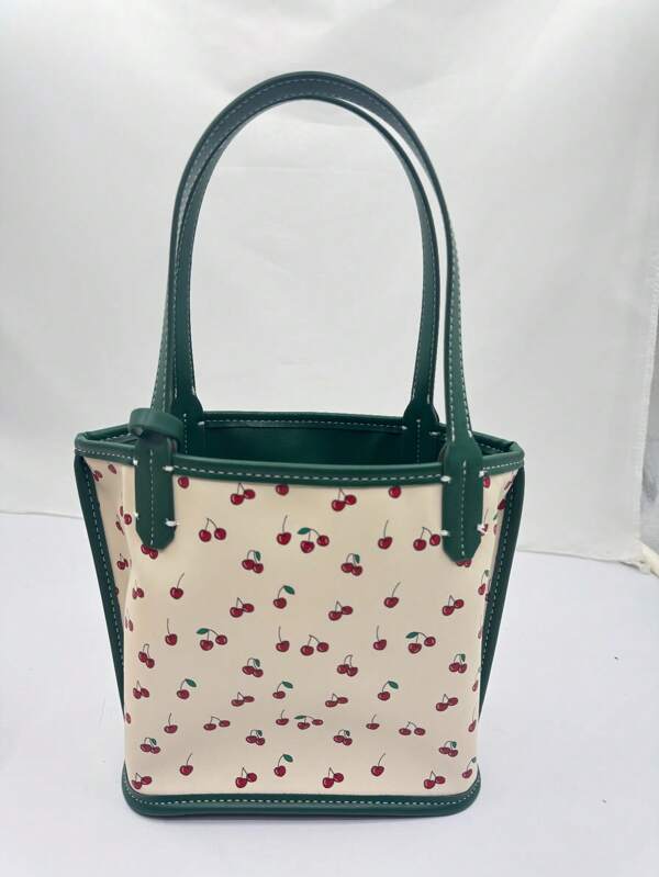 1 pieza Bolso de mano mini elegante y sencillo de PVC con estampado de cereza, lindo y práctico para mujeres, adecuado para uso diario, ir al trabajo, actividades al aire libre, citas, compras, regalo de Navidad