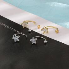 1 Pair Pentagram Cubic Zirconia Stainless Steel C-Shape Ear Studs, Daily Wear & Gift Idea For Women