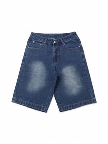 American Vintage Washed Straight Loose Fit Denim Shorts, Spring & Summer Jorts - Blue - View 4