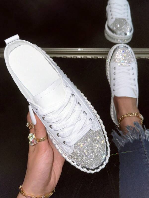 Women's White Rhinestone Decorated Casual Sneakers, Lace Up Athletic Comfort Soft Sole Shoes