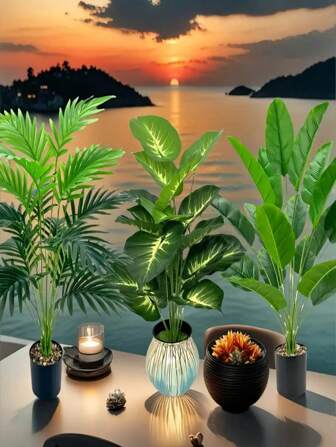 Tres palmeras artificiales, plantas de bonsái de plástico para decoración interior y exterior, colocación en el piso, decoración de jardín, primavera, día de acción de gracias, diversos tipos de habitaciones, recipientes no incluidos