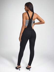 Jeanoix Flap Pocket Ripped Denim Overalls Without Tank Top - Black - View 2