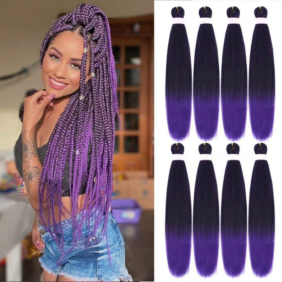 Ombre Pre Stretched Braiding Hair 30 Inch 8 Packs Synthetic Crochet Braids Hot Water Setting Professional Soft Texture Synthetic Hair Extensions 30 Inch 1B 27 - 1B/Purple(Ombre Black to Purple) - View 1
