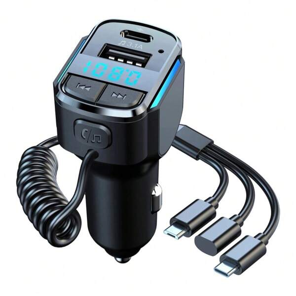 Car Charger With 3 In1 Charging Cable, 3.1A Multi-Function Portable Car Adapter, Car MP3 Player Wireless Music FM Transmitter