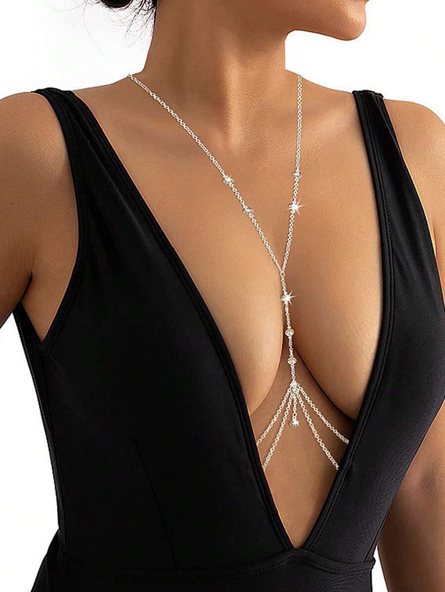 1 pieza Cadena de sujetador estilo playa de cristales y diamantes, joyería de cadena para el Body sexy en oro o plata para mujeres
