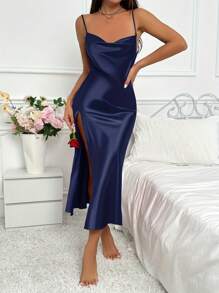 1pc Women's Elegant Solid Color Slip Dress, Sexy Spaghetti Strap Open Slit Lightweight High-End Bright Color Soft Sleep Dress, Suitable For Home Use, Vacation