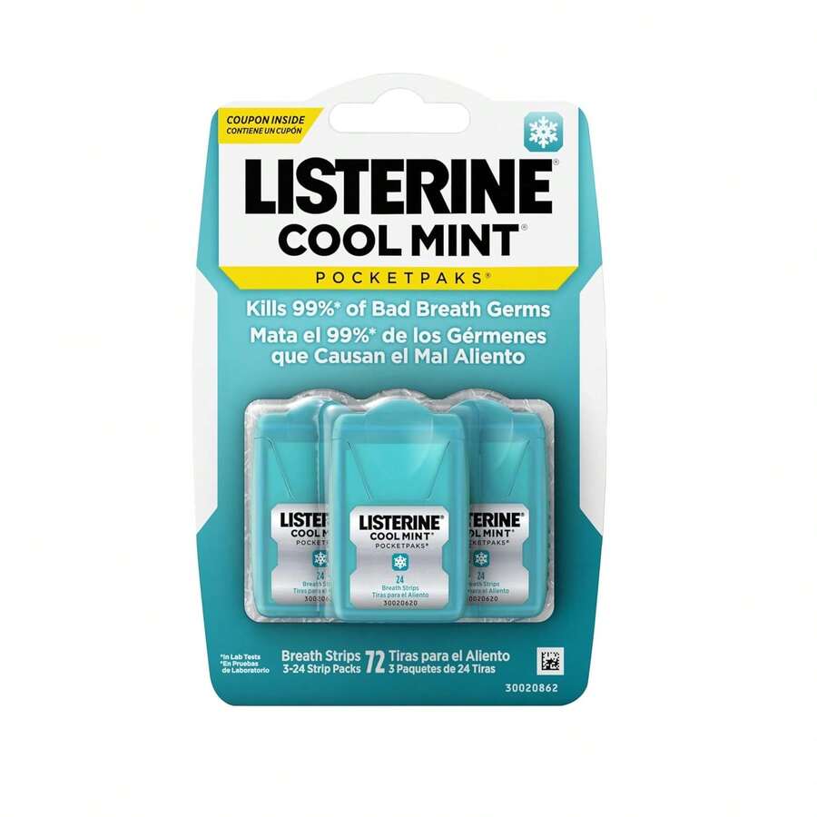 Listerine Cool Mint PocketPaks Portable Breath Strips For Bad Breath, Fresh Breath Strips Dissolve Instantly To Kill 99% Of Bad Breath Germs* On-The-Go, Cool Mint, 24-Strip Pack, 3 Pack - 24 Count (Pack Of 3) - View 1