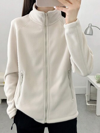 330克女士拉链抓绒外套，立领设计，带口袋，休闲舒适，适合徒步旅行等户外活动，纯色长袖，简约设计，秋冬季节，滑雪适用。