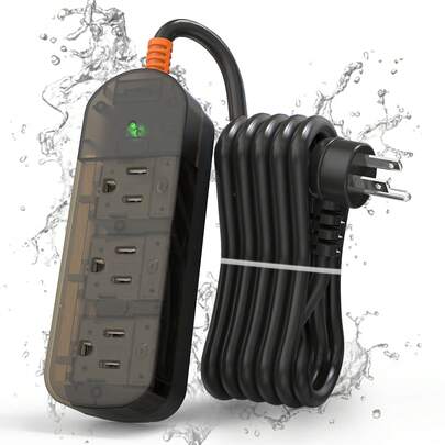  QIUREIK Power Strip Weatherproof, Transparent Surge Protector With 3 Wide Outlets, 1875W/15A,5FT Flat Plug Multi-Plug Outdoor Extension Cord For Indoor Outdoor, UL FCC Listed