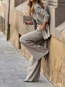Ensemble veste blazer à carreaux pour femmes, veste taillée et pantalon large, mode de bureau