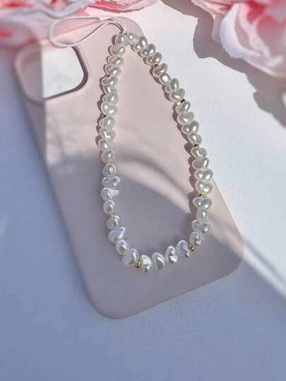 1 buc șnur cu mărgele artificiale în formă de semilună albă, potrivit pentru smartphone-uri, camere foto, căști wireless