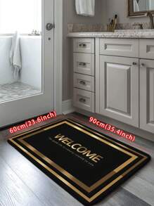 1pc Black Background, Paperclip Border, "Welcome" Pattern Bath Mat, Modern Minimalist Absorbent Non-Slip Bathroom Carpet, Flannel Bathroom Mat With Anti-Slip Backing, Suitable For Entrance, Bedroom, Kitchen, Bathroom Non-Slip Mat, Home Decor Rug