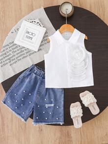 2 件女童夏季时尚 3D 花朵装饰无袖衬衫 + 珍珠装饰破洞牛仔短裤套装，返校装 - 白色 - 查看 1