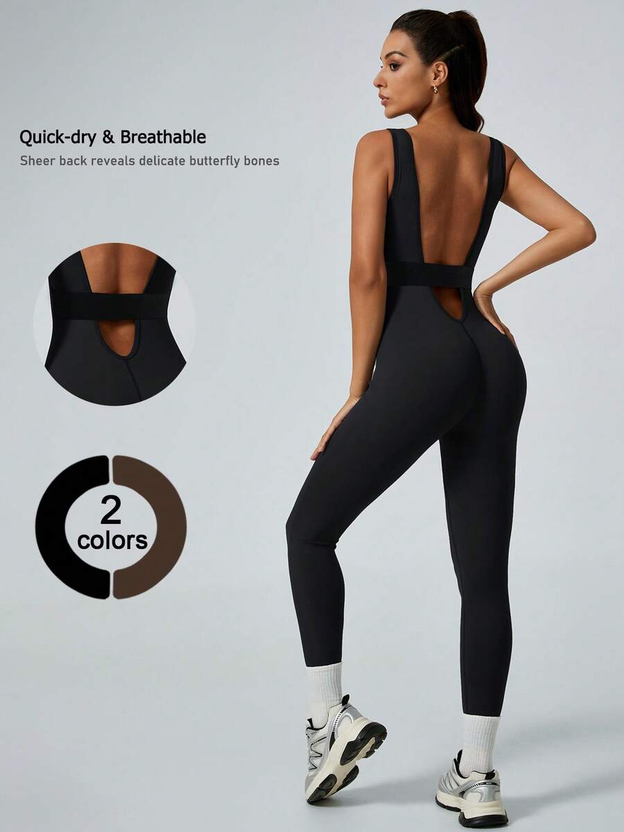 NcmRyu 1pc Women Elastic Hollow-Out Seamless Backless Tummy Control Lifting Sport Jumpsuit, Spring/Summer - Black - View 1