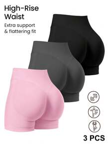 Conjunto de 3 Peças Shorts Esportivos Femininos, Cor Sólida, Shorts Elásticos de Cintura Alta com Controle da Barriga, Shorts de Treino, Shorts de Ciclista