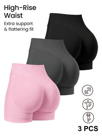 Women Sports Shorts 3 Pieces Set Solid Color Stretchy Shorts High Waist Tummy Control Women Sweat Short, Gym Short, Biker Short