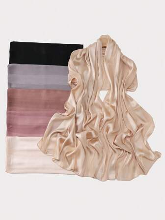 1pc Women Solid Satin Imitation Silk Hollow Striped Scarf, Fashion Casual Sunscreen Shawl Headscarf For Dress