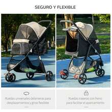 PawHut Carrito para Perros Plegable Carrito para Perros Pequeños con Cubierta para Lluvia Ventana de Malla Cesta y 2 Ruedas Universales Carga 15 kg 80,5x51,5x100 cm - Caqui - Ver 4