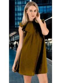 Vestido túnico a capas ribete con fruncido - Café - Ver 1