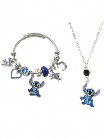Disney 2 pièces le set, bracelet et collier Lilo et Stitch - Accessoires bleus et violets charmants, conviennent aux filles, parfaits pour les anniversaires ou les cadeaux de Noël, conviennent aux fans, cadeaux de vacances Design ludique Bracelet durable, accessoires Lilo Stitch