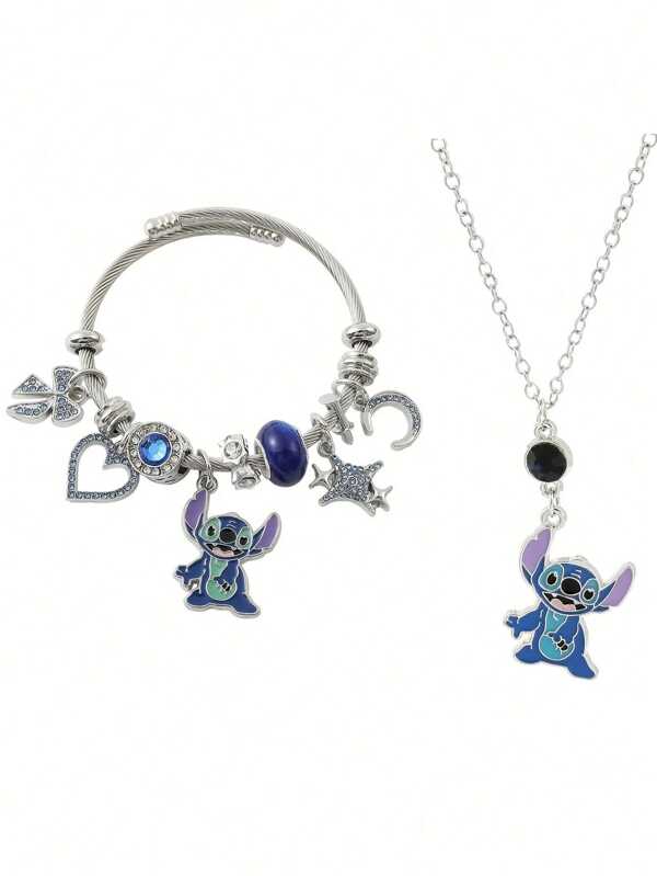 Disney 2 Pieces Set, Lilo And Stitch Bracelet And Necklace Set - Charming Blue And Purple Accessories Suitable For Girls, Perfect Birthday Or Christmas Gifts, Suitable For Fans, Holiday Gifts | Playful Design | Durable Bracelet, Lilo Stitch Accessories