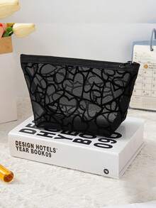 1pc/5pcs Printed Mesh Cosmetic Bag, Heart-Shaped Makeup Bag, Flocked Transparent Storage Bag, Large Capacity Makeup Bag, Portable Cosmetic Storage Bag, Lipstick & Coin Purse, Toiletry Bag, Travel Handbag, Ladies Lipstick Small Bag, Mesh Cosmetic Bag, Shell Bag, Hollow Toiletry Bag, Heart Print Transparent Mesh Cosmetic Bag, Travel Toiletry Bag - Black - View 3