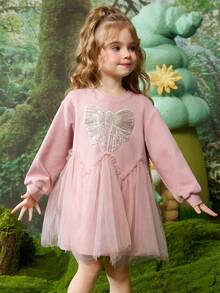 ASK JUNIOR Young Girls' Mesh Patchwork Princess Dress, Girls Round Neck Long Sleeve Mid-Length Dress