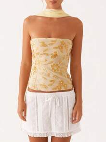 Women Y2K Sequin Tube Top With Neck Scarf Sparkly Floral Bandeau Cami Pearl Embellished Glitter Rhinestone Going Out Shirt - 黃色 - 查看 1