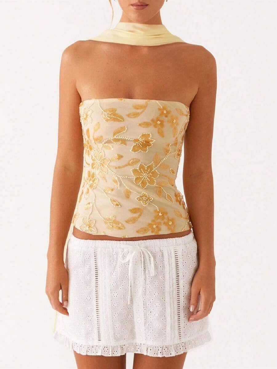 Women Y2K Sequin Tube Top With Neck Scarf Sparkly Floral Bandeau Cami Pearl Embellished Glitter Rhinestone Going Out Shirt - 黃色 - 查看 1