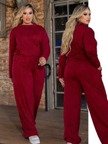 Women's Plus Size Winter Warm Set In Elegant And Comfortable Fleece Fabric For Cold Days - 酒紅色 - 查看 1