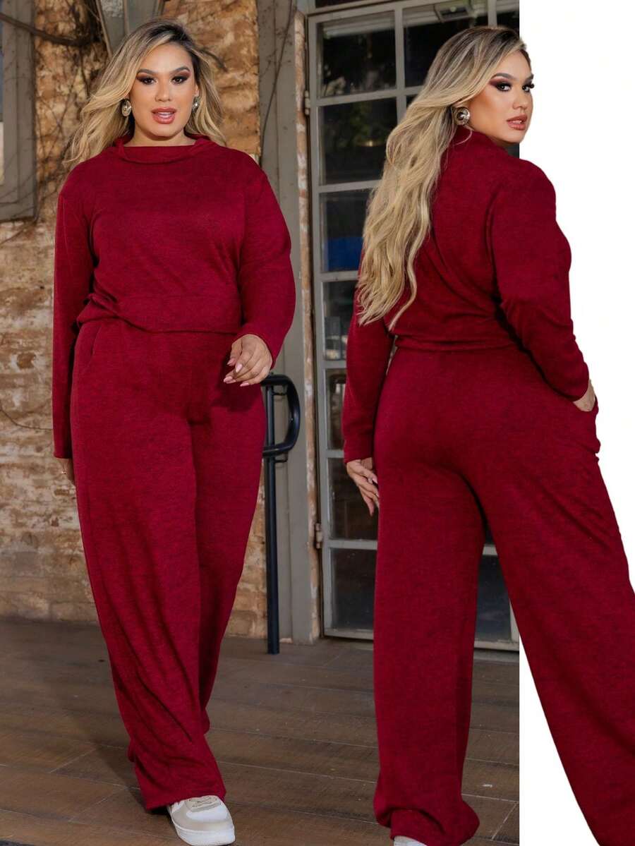 Women's Plus Size Winter Warm Set In Elegant And Comfortable Fleece Fabric For Cold Days - 酒紅色 - 查看 1