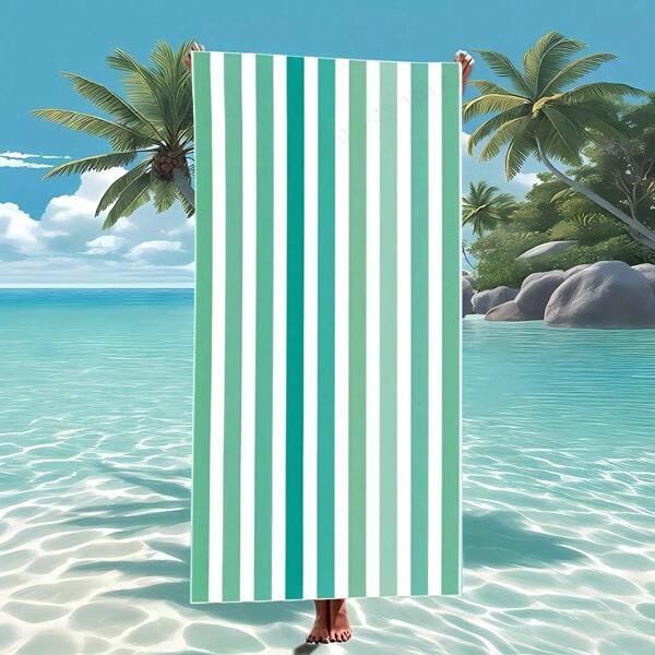 1 pieza Toalla de playa a rayas verdes, manta de playa extra grande de microfibra super suave y súper absorbente, apta para viajes, piscina, buceo, surf, yoga, acampada, disponible en tallas adulto y niño, accesorios y artículos esenciales para la playa