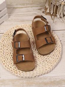 1 Pair Children Double Buckle Non-Slip Soft-Bottom Minimalist Fashion Flat Sandals, Suitable For Summer