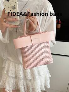 时尚女士水桶手提包，全新纯色 PU，波浪条纹和蝴蝶结装饰，磁扣，可调节肩带，大容量，适合旅行、购物、约会 - 优雅钱包