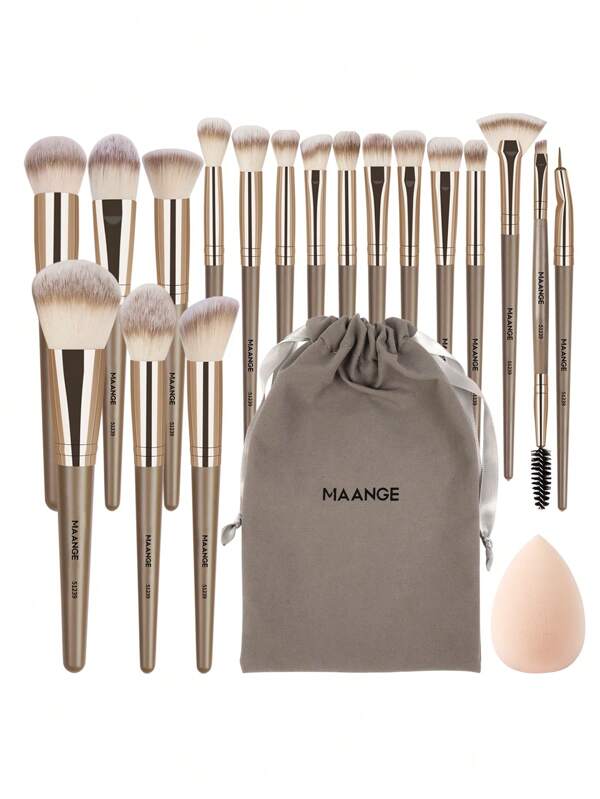 MAANGE 18pcs/20pcs Professional Makeup Tool Set With 18pcs Facial Makeup Brushes & 1pc Beauty Sponge & 1pc Velvet Bag, Powder Brush,Blush Brush Foundation Brush Contour Brush Eye Shadow Brush Eyebrow Brush Eyeliner Brush Blending Brush, Makeup Tools With Soft Fiber And Skin Friendly For Easy Carrying, Gift For Women & Girls