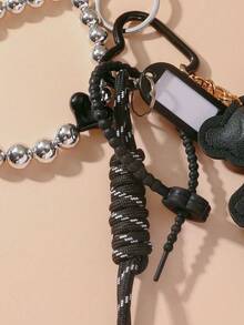 1 件女式新款编织绳钥匙扣，带心形珠子 DIY 串珠装饰 PU 皮革熊牌吊坠时尚包包配饰哥特风