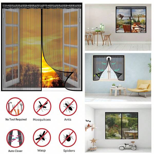 Cortina de pantalla de ventana autoadhesiva, pantalla de ventana de malla reutilizable con sujetadores autoadhesivos, se adapta a múltiples ventanas sin perforación (negro)