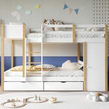 Letto a castello, letto per bambini, letto multifunzionale, 90x200cm, con scaletta a tre gradini, 2 armadietti, 2 cassetti con ruote, pino+MDF, bianco+naturale, senza materasso - Bianco - Visualizzare 3