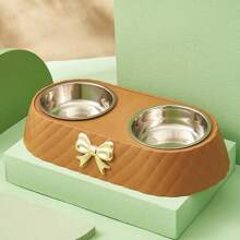 Stainless Steel Double Bowl Pet Dog Food Bowl, Cute Bow Design Cat Feeding Bowl, Dual Use For Food And Water