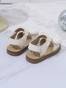 1 Pair Girls' Solid Color Open Toe Bowknot Pearl Hook And Loop Sweet Princess Style Flat Sandals, Non-Slip And Breathable, Suitable For Summer