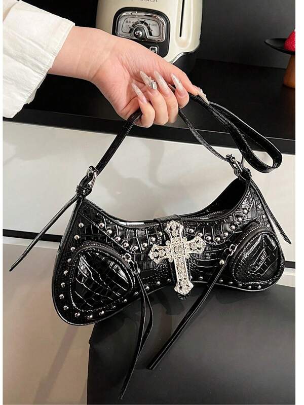 1 Pc Crocodile Pattern Leather Black Purse Handbag, Y2K Cross Decor Underarm Bag,Goth Punk Rock Style Shoulder Bag ,With Adjustable Straps Crocodile Embossed Hobo Bag, Funky Metallic Studded Decor PU ,New Years Outfit,Gifts For Her,For Party, Music Festival For Teen Girls Women College Students,White-Collar Workers Perfect For College,Work ,Business,Commute,Outdoors, Travel, Outings,Office,Perfect For Work,Shopping