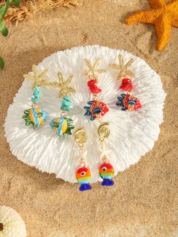 1 par de pendientes de aleación con elementos oceánicos, con diseño de concha, estrella de mar y pez pequeño, estilo playa/vacaciones, adecuado para usar en fiestas en la playa de mujeres