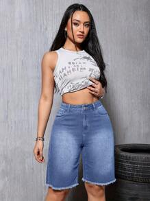 Damskie luźne, sprane szorty jeansowe midi z prostymi nogawkami i przetarciami